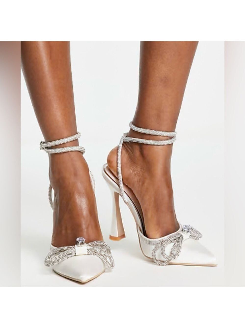 Be Mine Ivory Satin Armela Diamanté Bow Heeled Shoes - Size 7 Wide